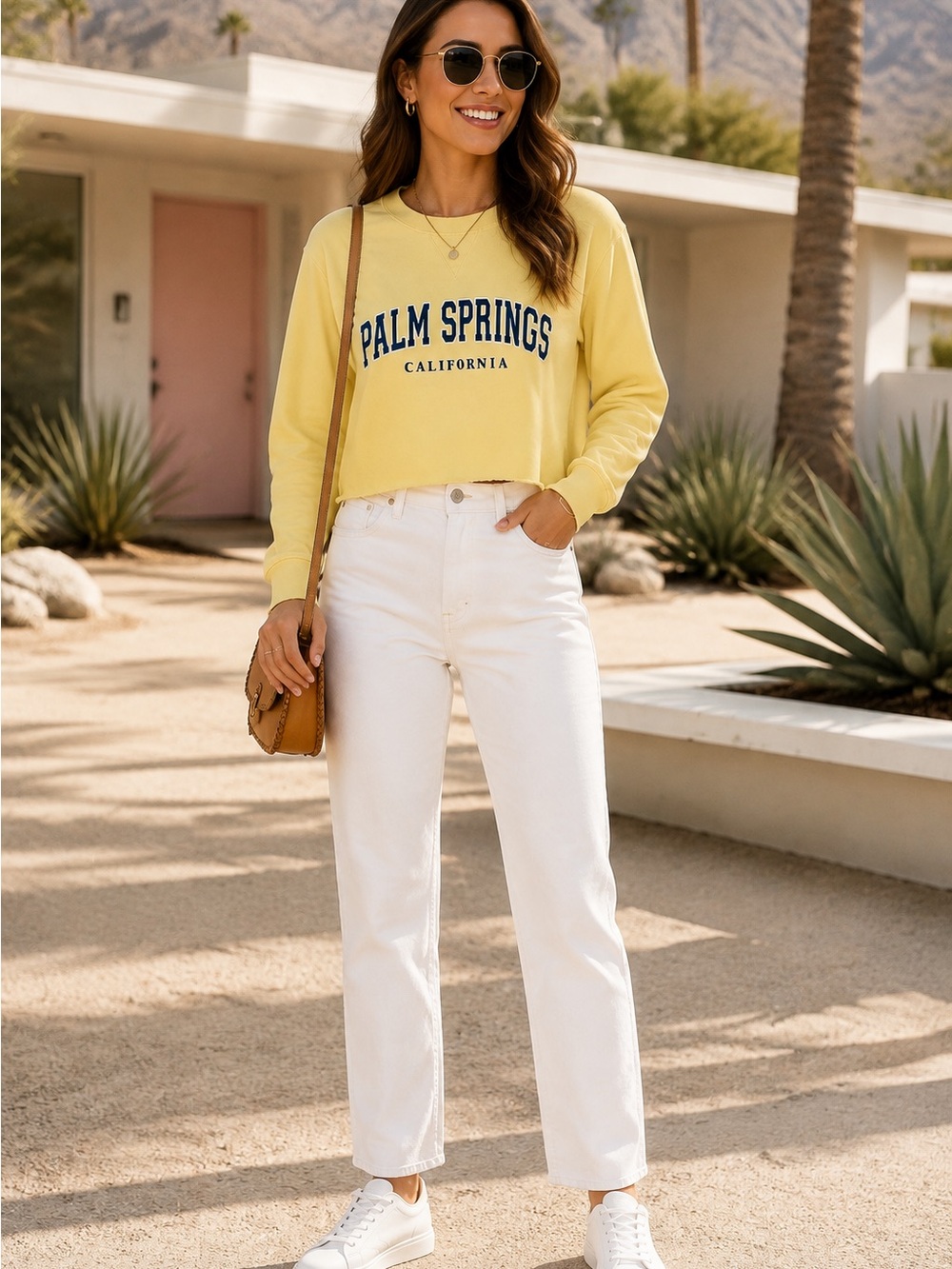 Palm Springs California Yellow Cropped Graphic Sweatshirt Coastal Resortwear